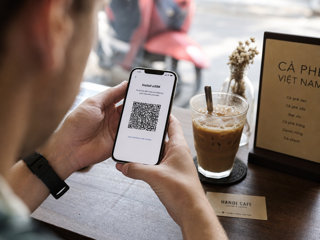 Traveler scanning an eSIM QR code on a smartphone at a Hanoi cafe table