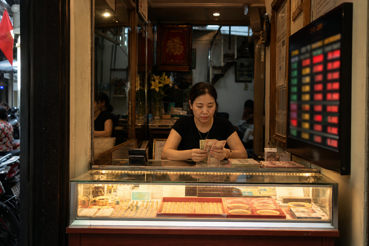 Attendant counting Vietnamese dong banknotes at a gold and currency exchange shop counter in Hanoi