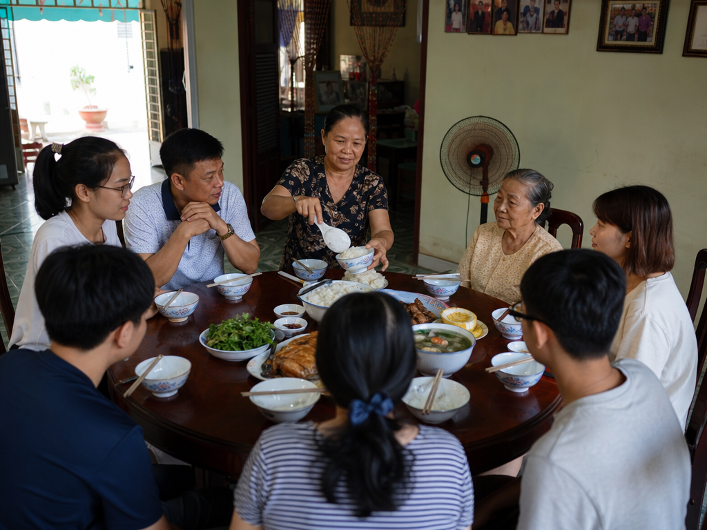 A multi-generational Vietnamese family at a home dining table waiting for the eldest member to begin eating