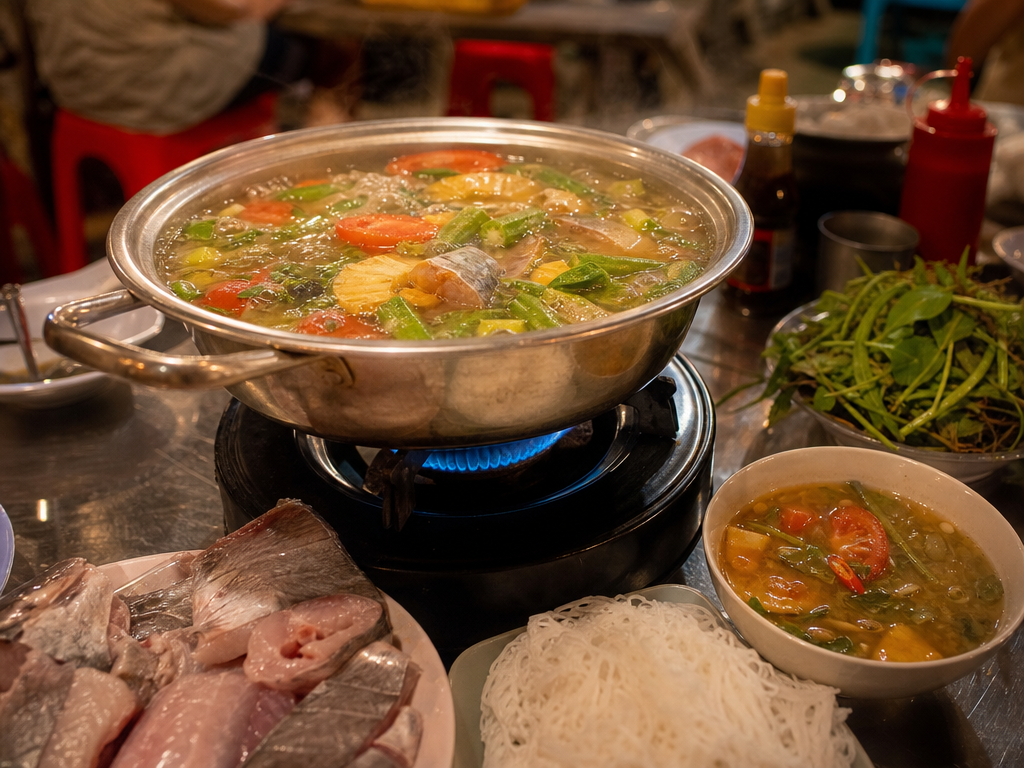 Table-top hot pot of Vietnamese sour soup with raw fish and rice vermicelli on plates beside it