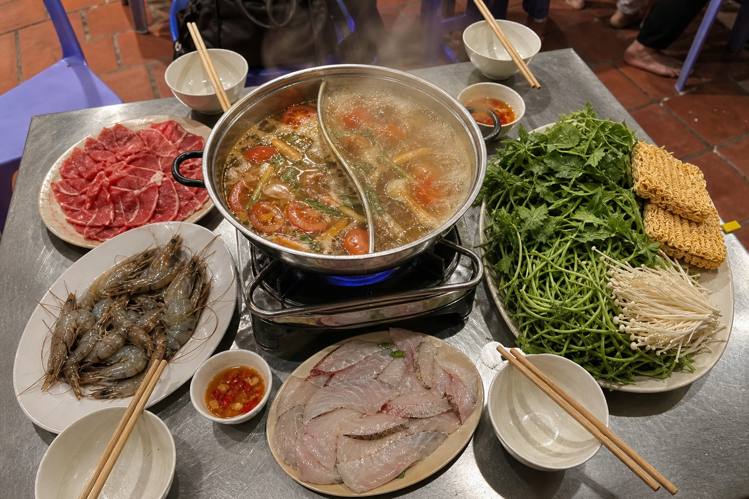 Vietnamese lẩu hot pot bubbling on a portable gas burner surrounded by platters of raw beef, prawns, herbs and instant noodles
