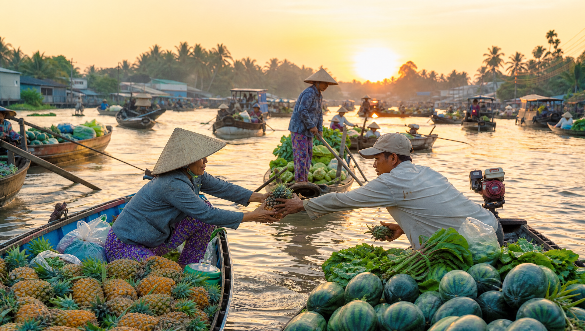Wooden boats loaded with fruit and vegetables at a Mekong Delta floating market at sunrise