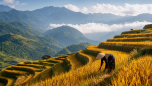 Golden terraced rice fields on steep mountainsides in northern Vietnam during the September harvest