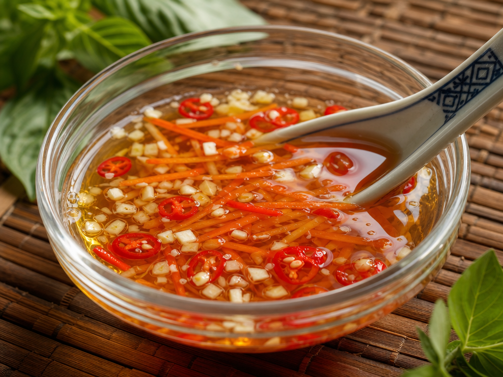 A small bowl of nuoc cham dipping sauce with chili and garlic