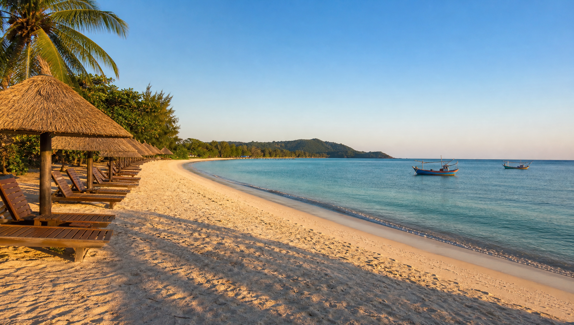 Wooden loungers and thatched umbrellas along the wide sand of Long Beach at sunrise, with the Gulf of Thailand in the background