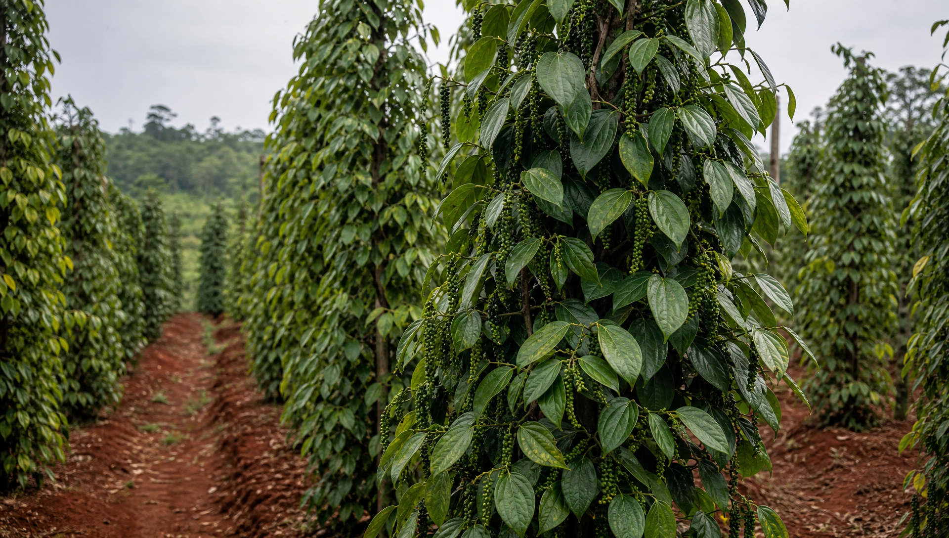 Rows of black pepper vines climbing wooden trellises on a Phu Quoc pepper farm, with red laterite soil between the rows