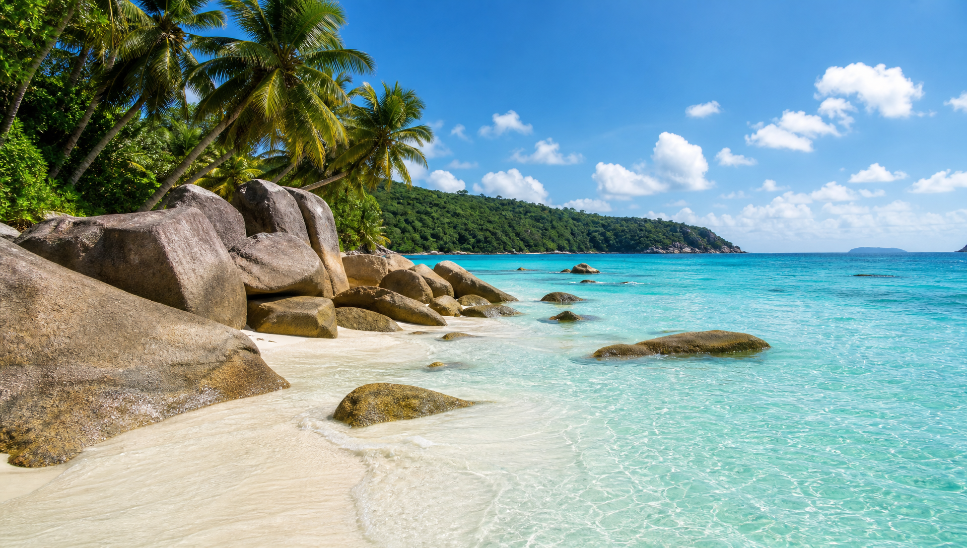 Fine white powder sand and granite boulders at the edge of a clear turquoise cove at Bai Sao beach