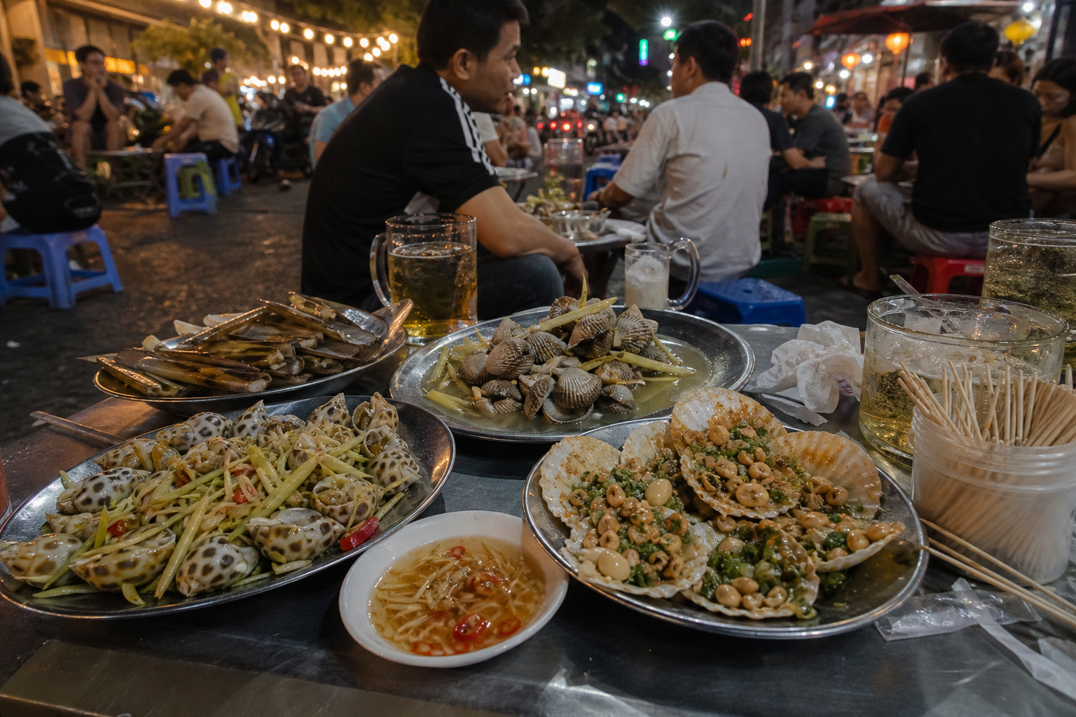 Table at a Vietnamese quán ốc at night with plates of grilled scallops, lemongrass clams and stir-fried sea snails beside glasses of iced beer