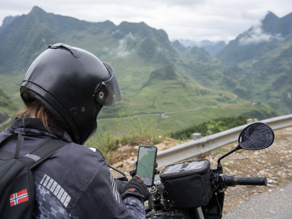 Motorbike rider checking phone navigation on a misty mountain pass in northern Vietnam