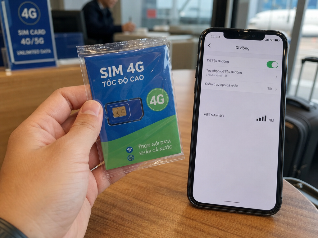 Small SIM card packet held next to an unlocked smartphone at an airport counter in Vietnam