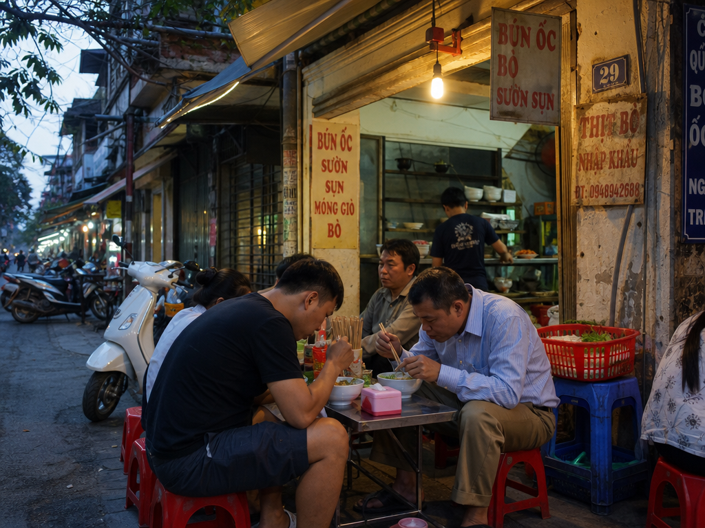 Diners seated on low plastic stools at a Vietnamese sidewalk noodle stall in the evening