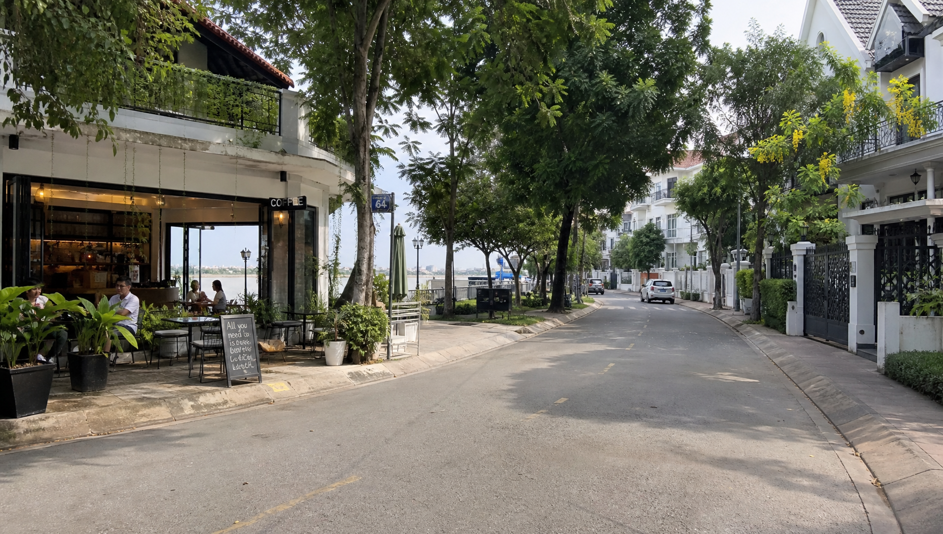 Leafy street in Thao Dien, District 2, Ho Chi Minh City, with a villa cafe