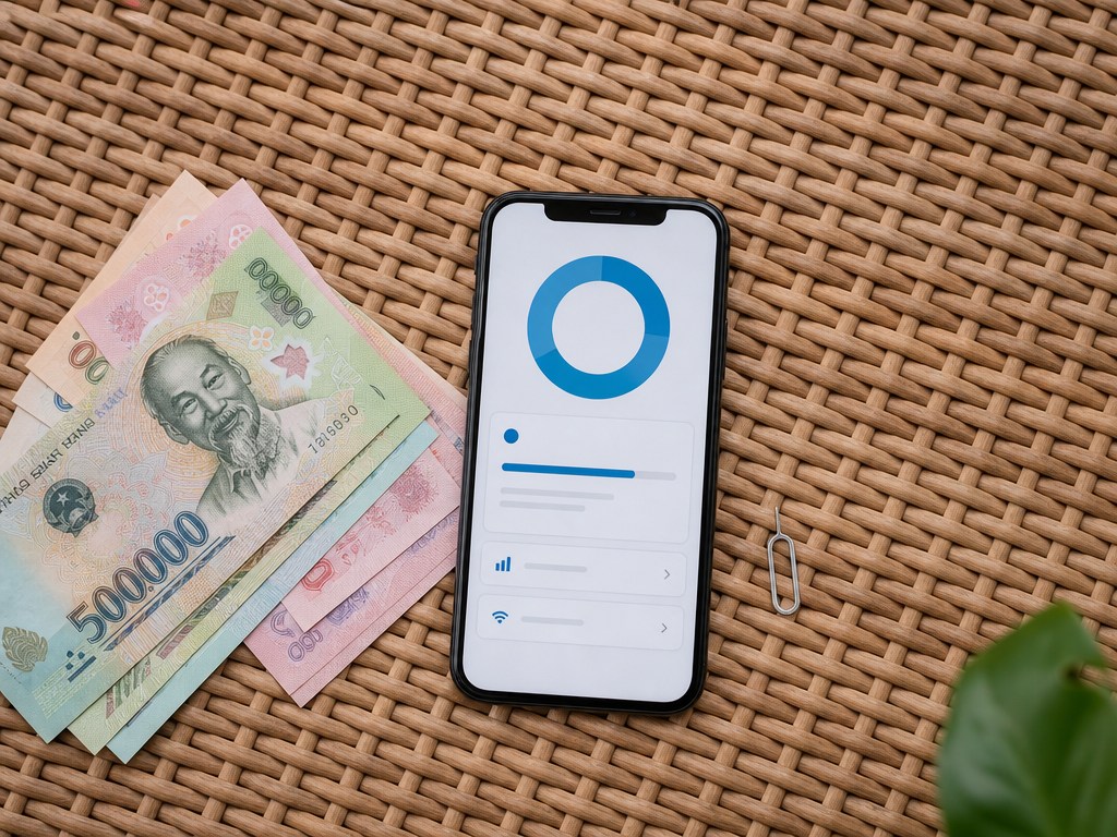 Vietnamese dong banknotes next to a phone showing a data usage screen and a SIM ejector tool