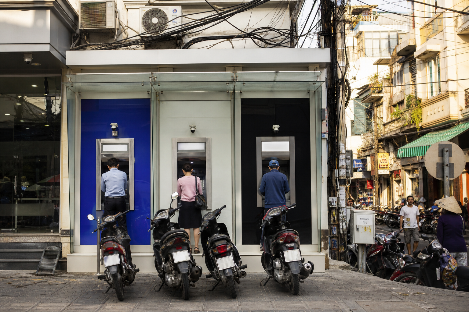 Row of outdoor bank ATM booths on a Vietnamese city sidewalk with motorbikes parked in front