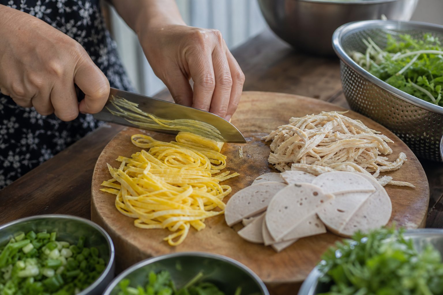 Hands slicing a thin egg omelette into ribbons beside shredded chicken and sliced pork sausage