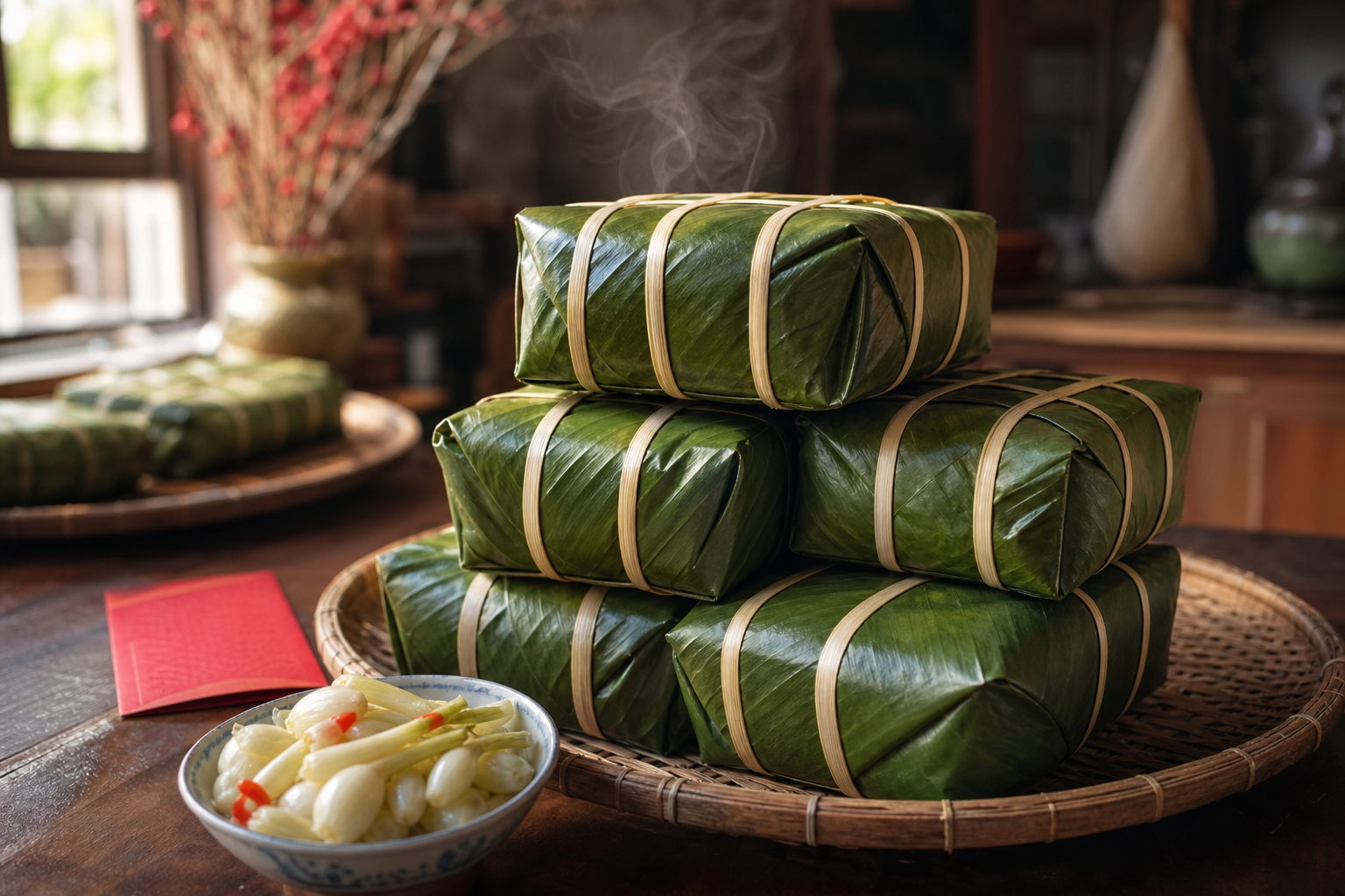 Stack of Vietnamese Tet sticky rice cakes wrapped in green dong leaves and tied with bamboo strips on a woven bamboo tray, with a bowl of pickled leeks and a red lucky-money envelope