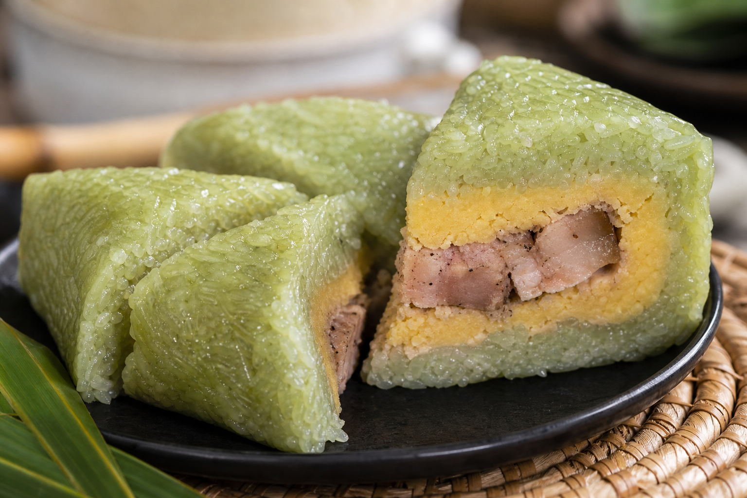 Sliced Vietnamese Tet sticky rice cake showing three layers: green glutinous rice, yellow mung bean paste and pink pork belly with black pepper
