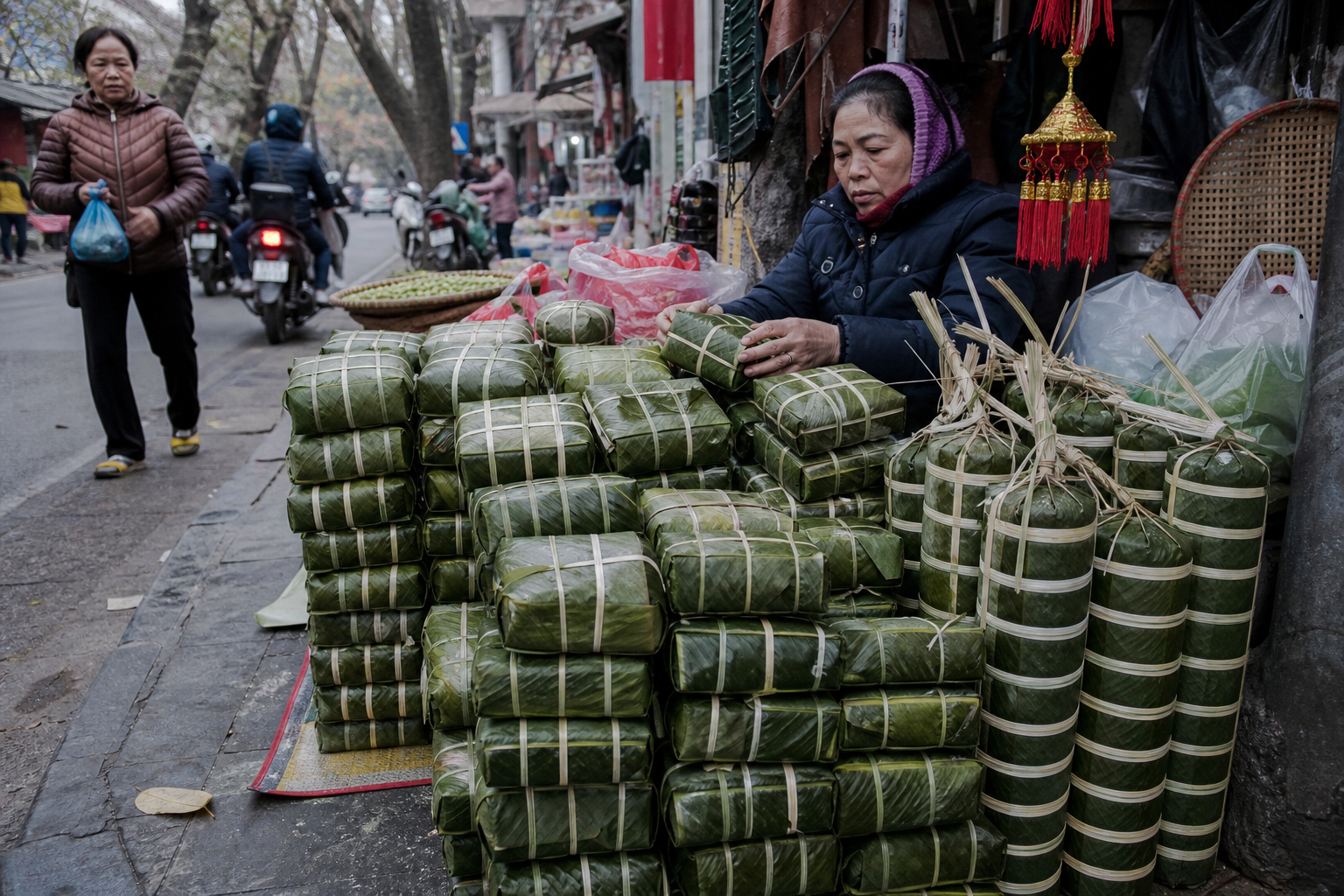 Pavement market stall in Hanoi stacked with hundreds of wrapped Vietnamese Tet sticky rice cakes in the days before Lunar New Year