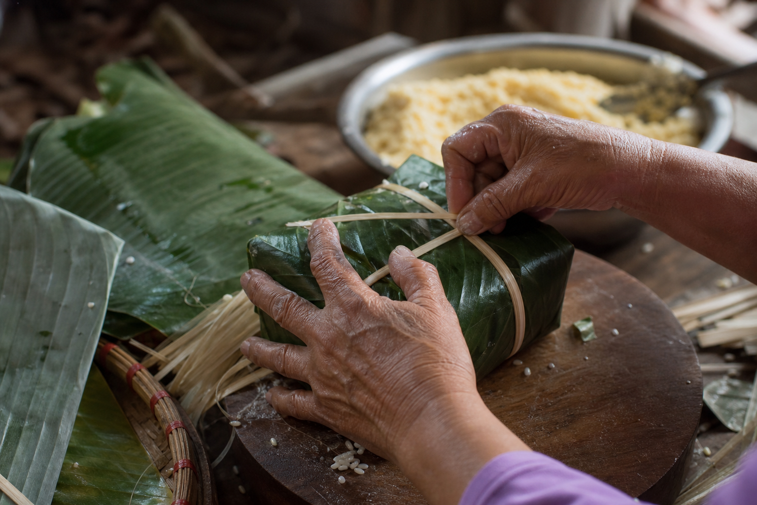 Close-up of an elderly Vietnamese cook's hands folding dong leaves around rice and mung bean and tying the parcel with bamboo strips
