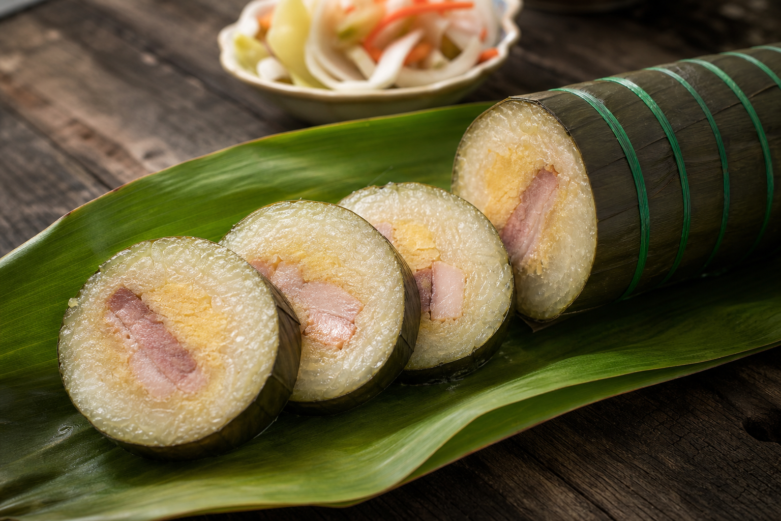 Cylindrical southern Vietnamese bánh tét wrapped in banana leaf, sliced into rounds showing glutinous rice, mung bean and pork