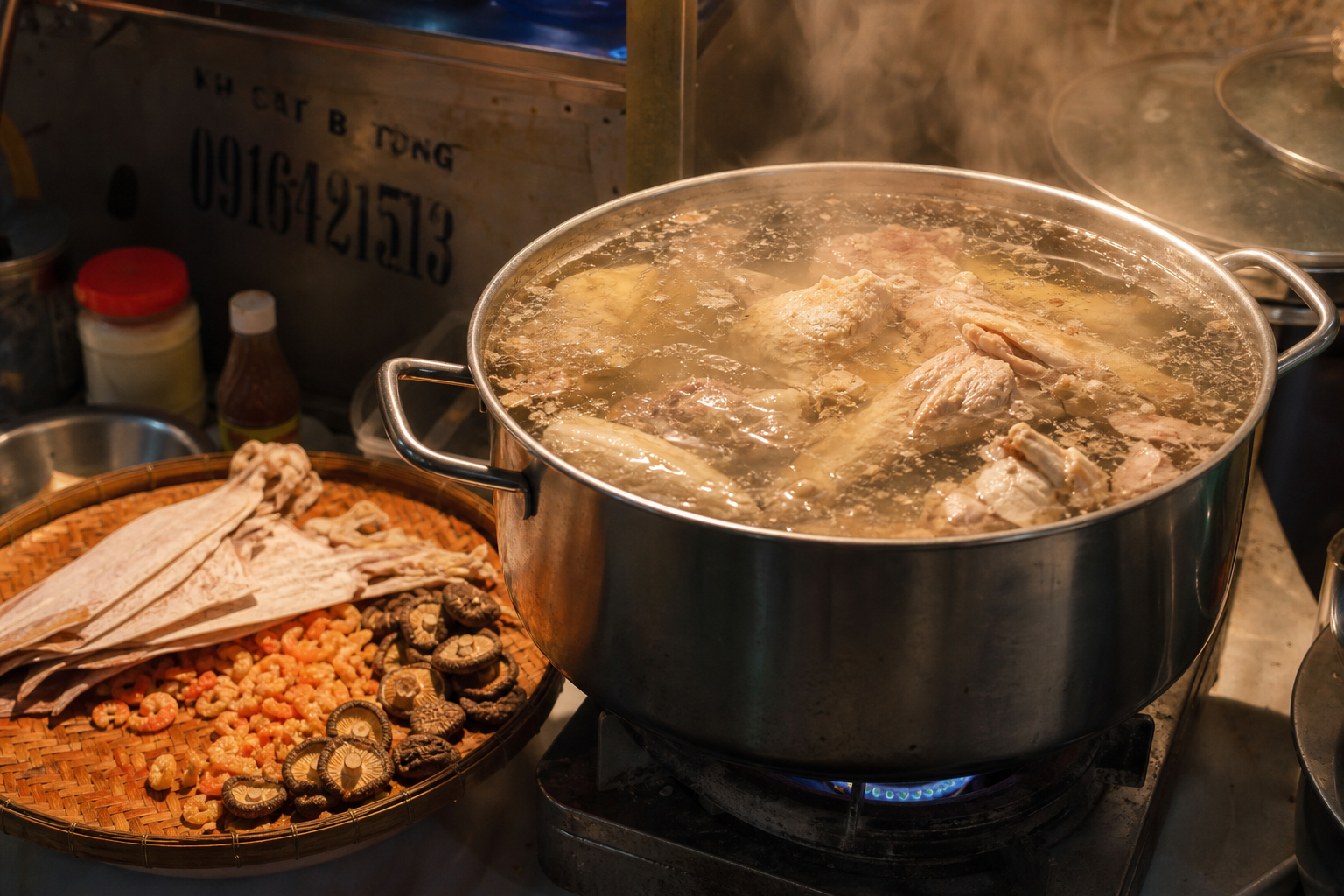 Large stockpot of clear bone broth simmering with dried squid, dried shrimp and shiitake mushrooms nearby
