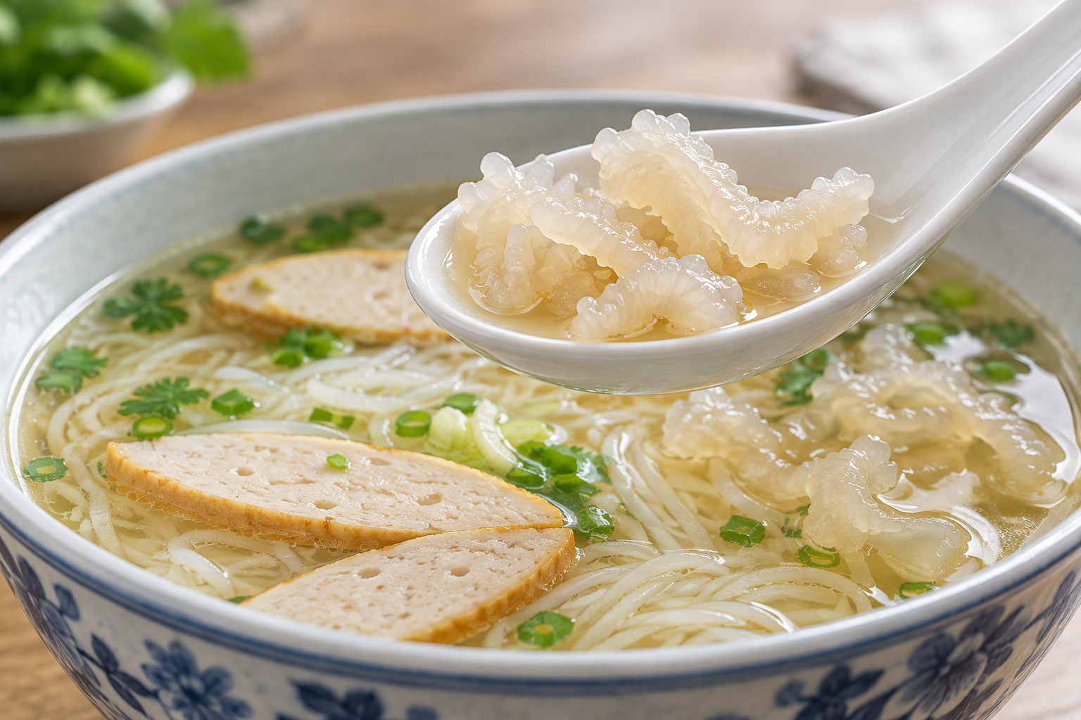 spoonful of prepared translucent jellyfish above a bún sứa bowl with noodles and fish cake