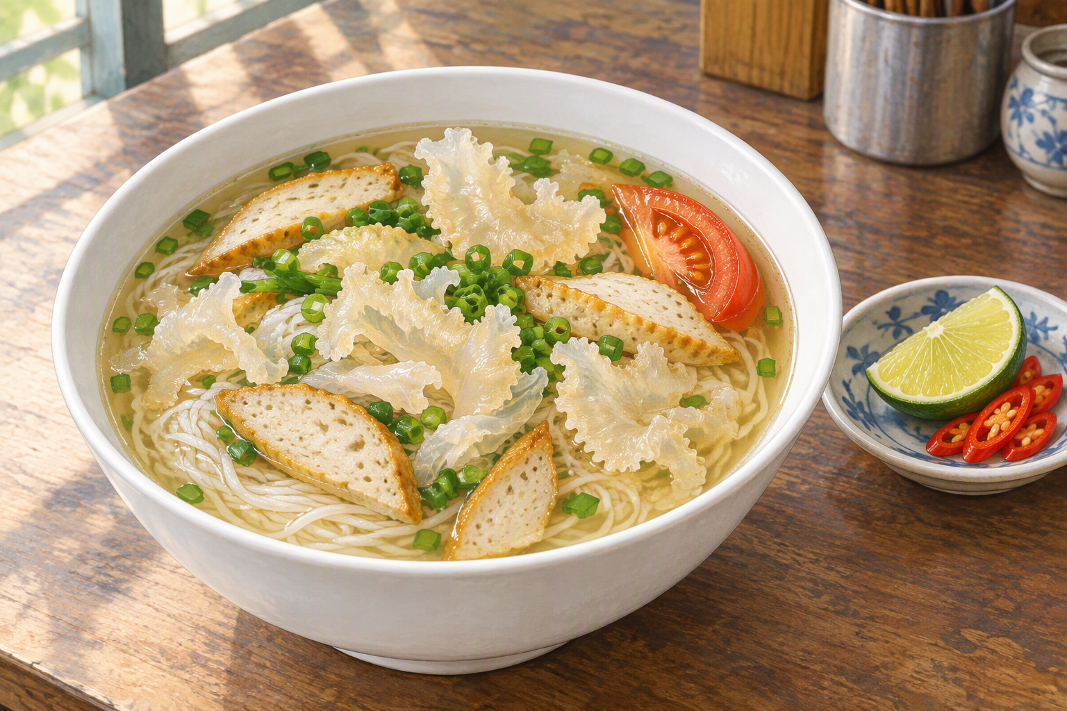 bowl of bún sứa with translucent jellyfish, rice noodles, sliced fish cake and clear broth