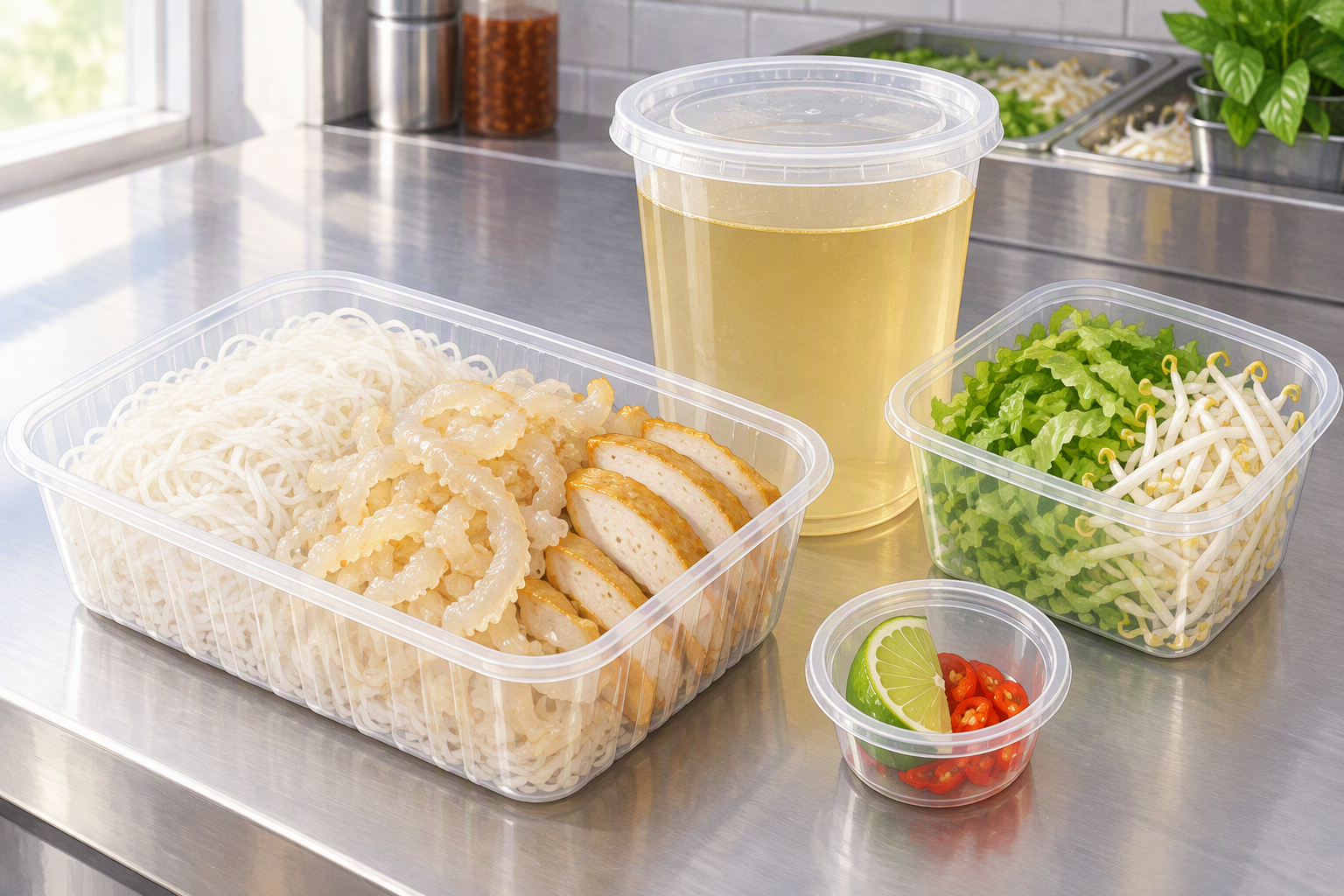 takeaway bún sứa with noodles and toppings separated from broth, vegetables, lime and chilli