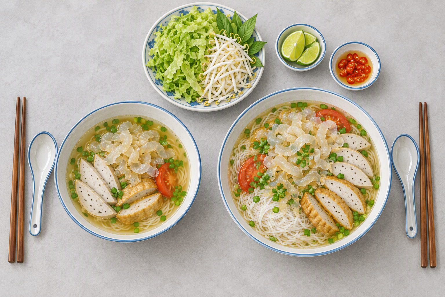 of two bún sứa bowls with different noodle portions and a separate plate of lettuce and bean sprouts