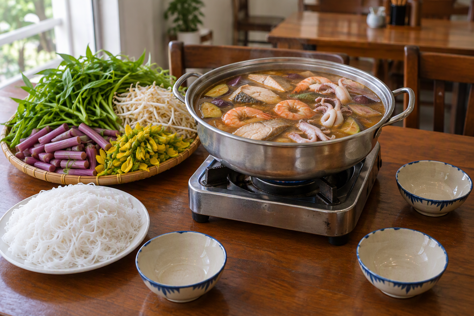 Fermented fish hotpot with shrimp, fish and eggplant beside vegetables and rice vermicelli