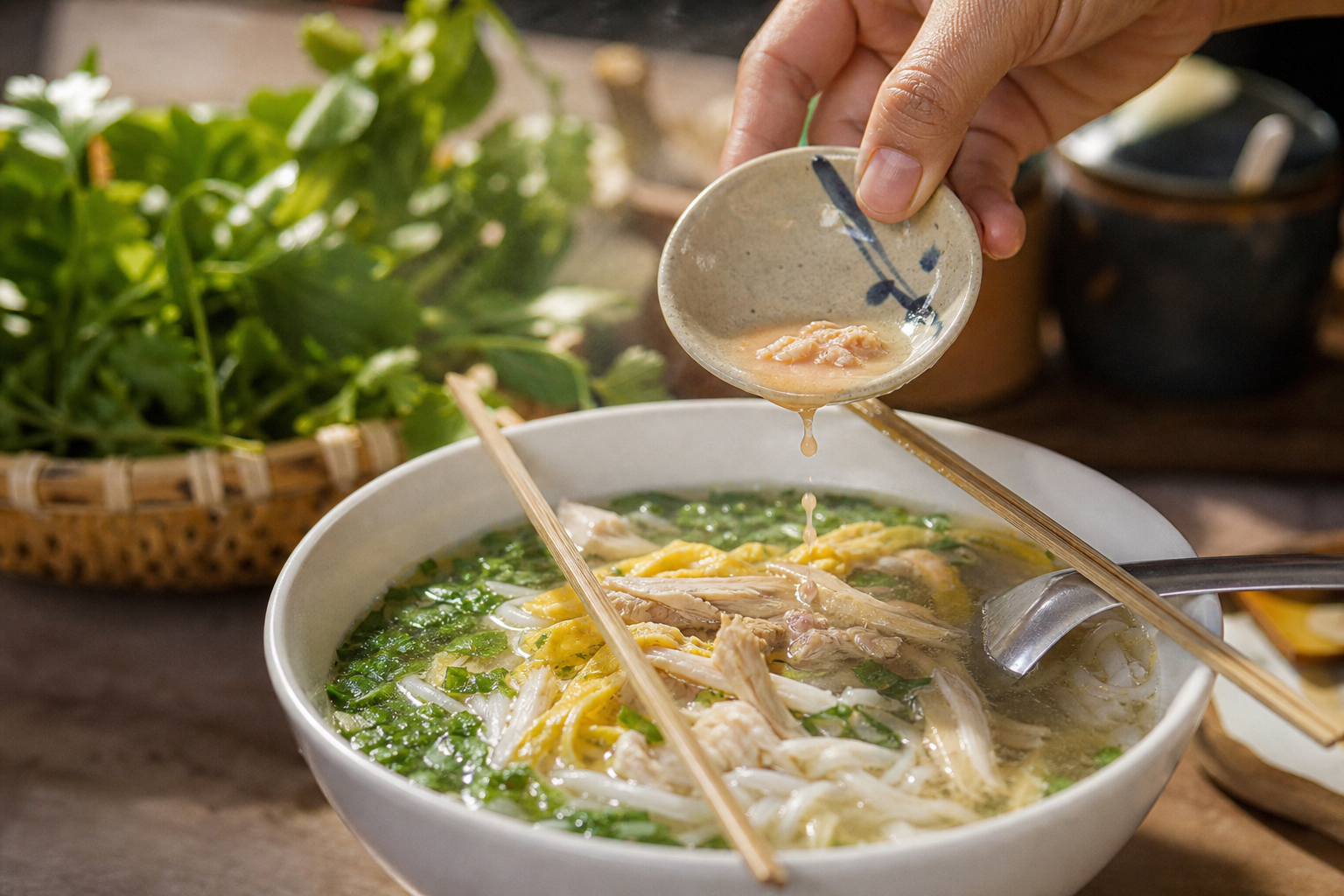 Fermented shrimp paste with lime being added to a bowl of Hanoi chicken noodle soup