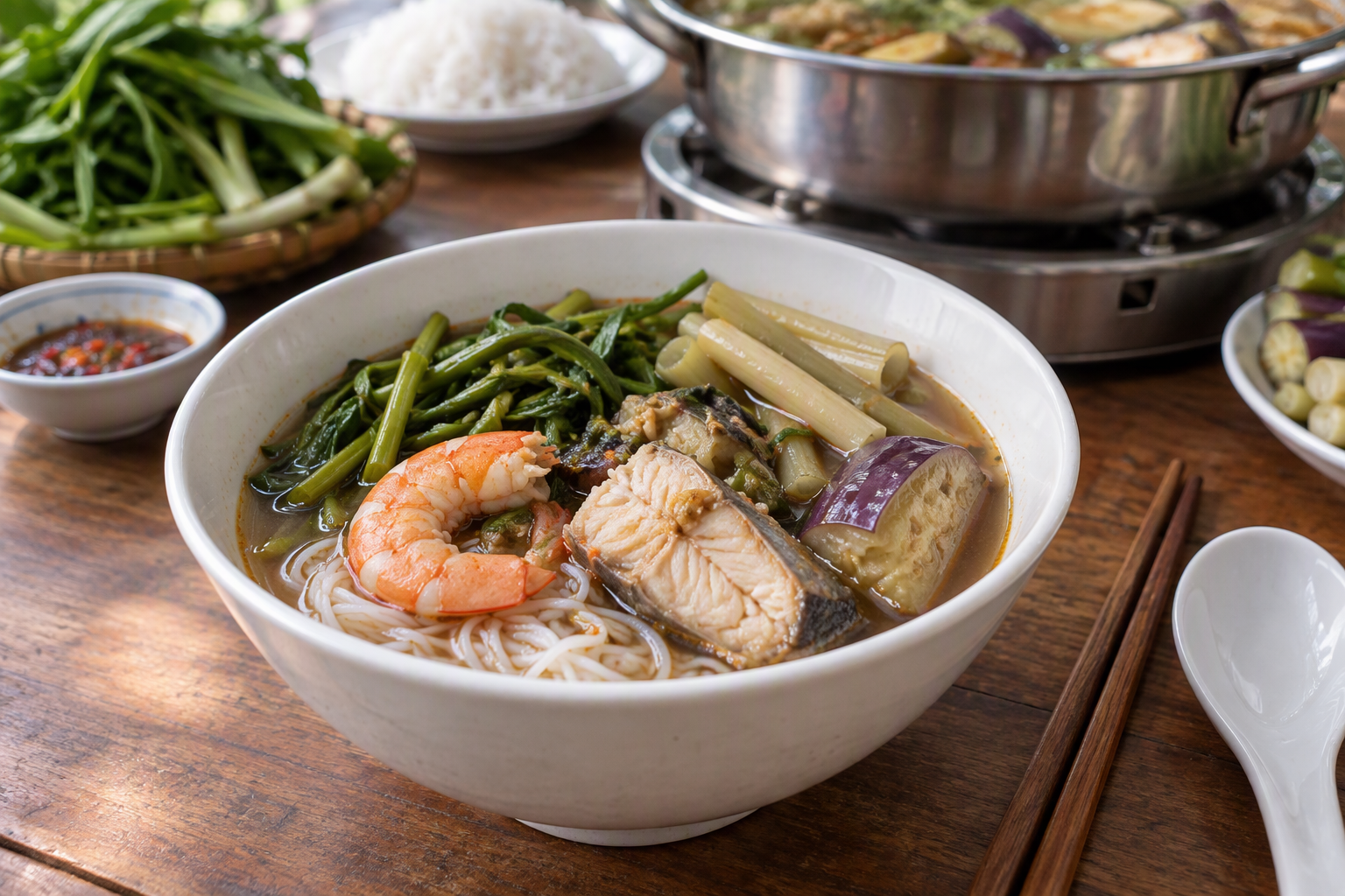 Individual bowl of rice vermicelli with cooked shrimp, fish, eggplant and fermented fish broth