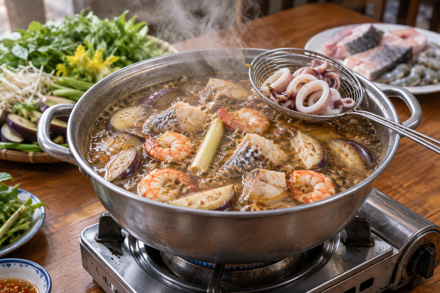 Fermented fish broth simmering with eggplant and seafood in a steel tabletop pot