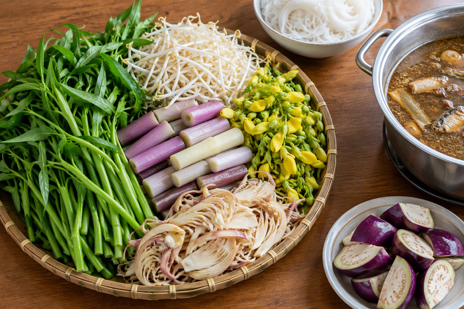 Water spinach, bean sprouts, water lily stems, sesbania flowers and eggplant arranged for hotpot