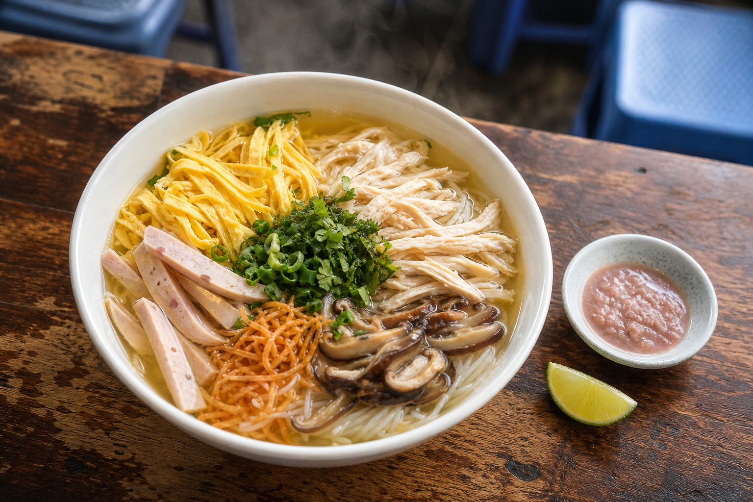 Bowl of bún thang Hanoi chicken noodle soup with egg ribbons, shredded chicken, pork sausage and mushrooms