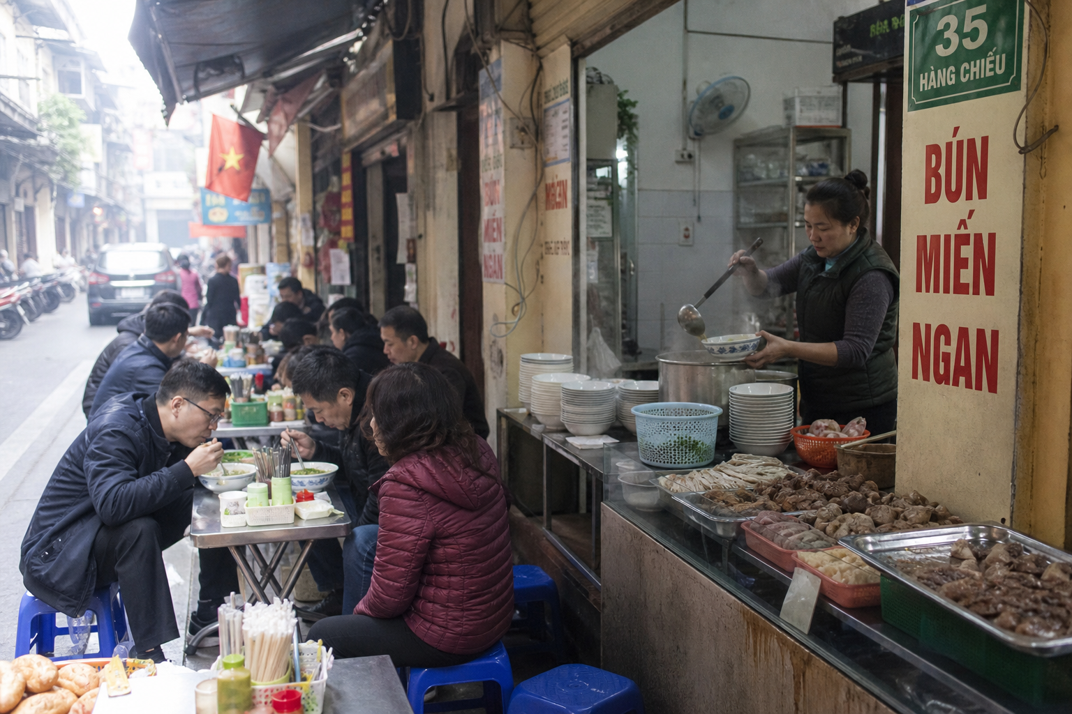Narrow Hanoi Old Quarter eatery at breakfast with a vendor ladling broth behind a counter of topping trays