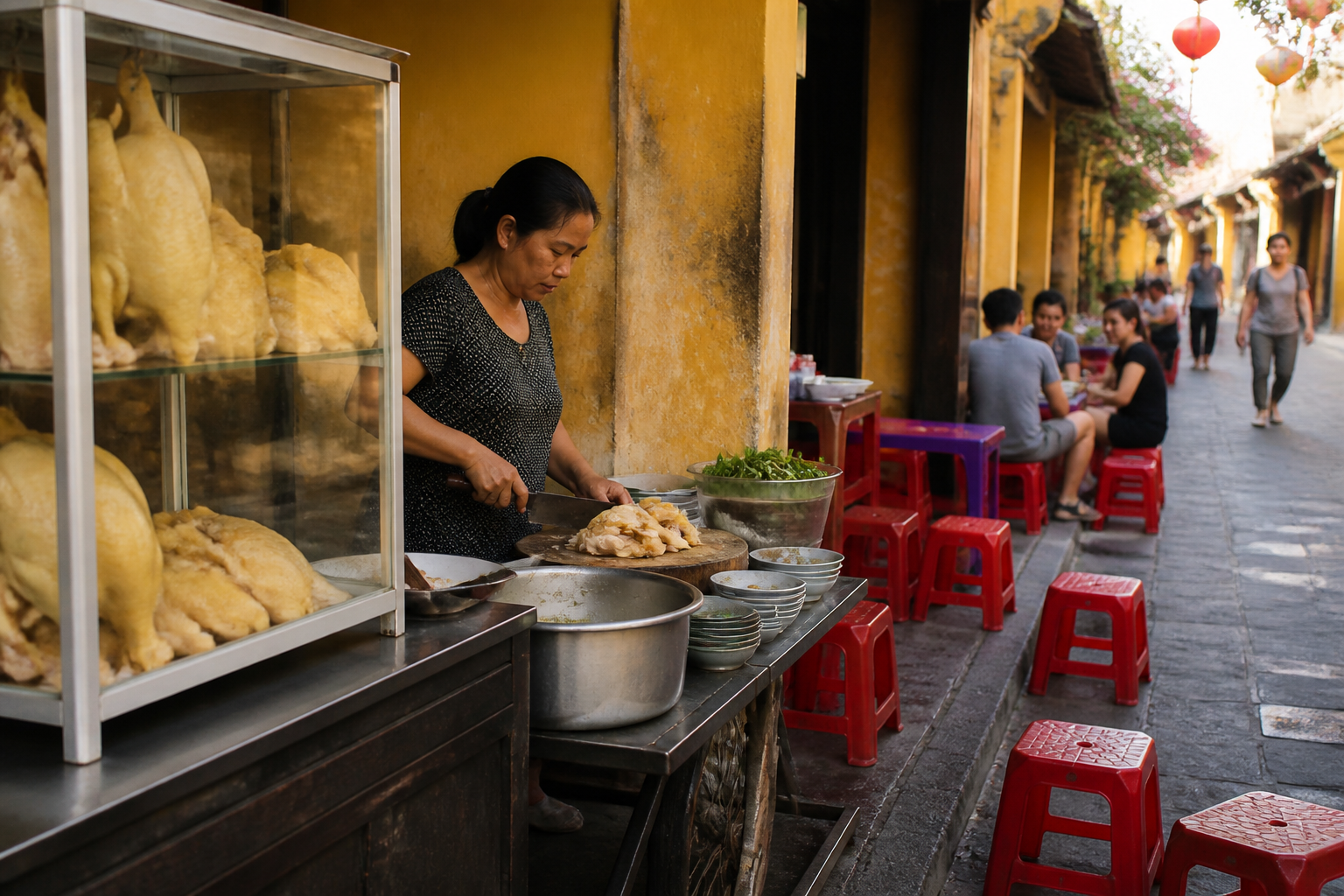 Small chicken rice eatery on a narrow Hoi An lane with plastic stools and a glass cabinet of poached chickens