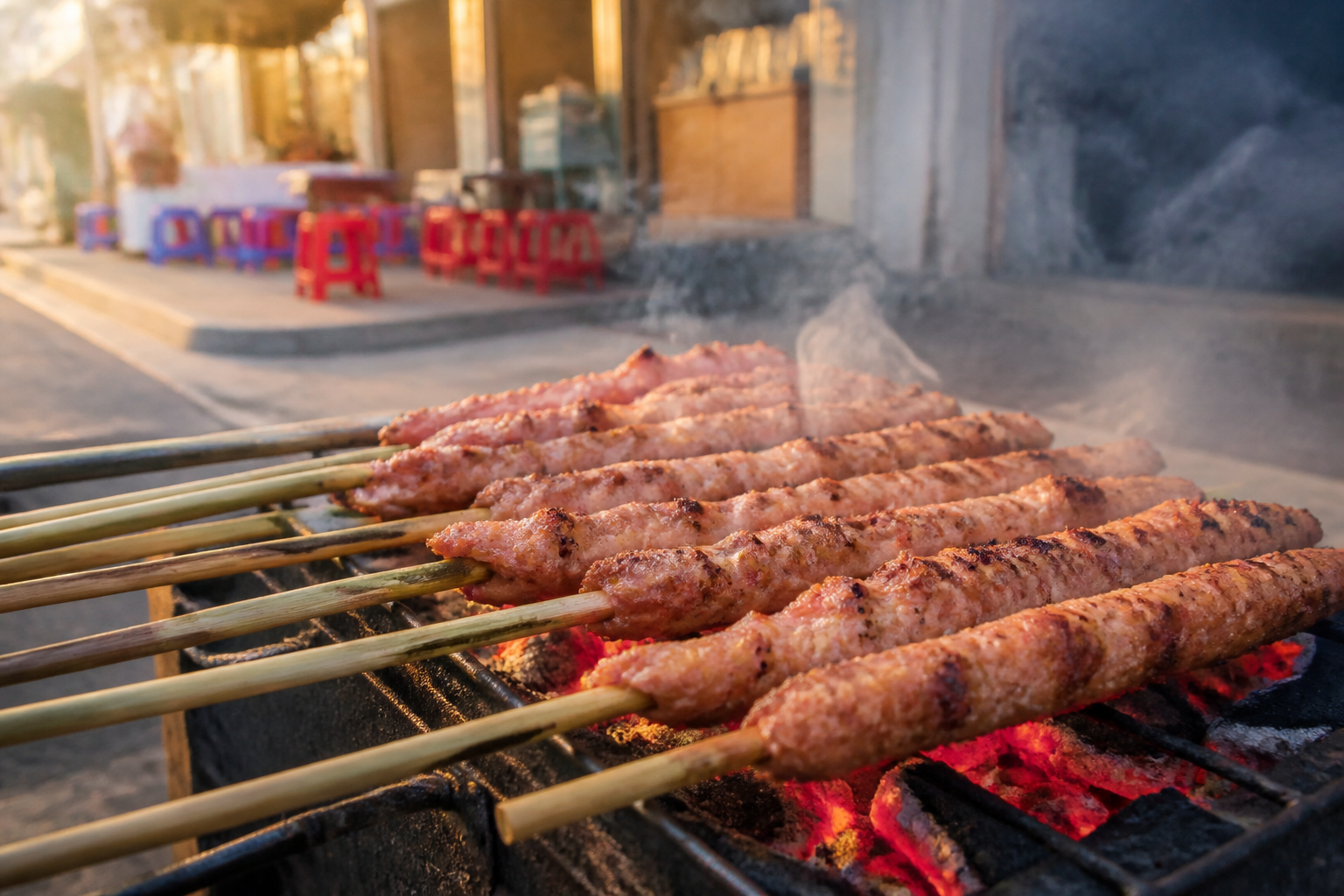 Pink-brown nem nướng pork patties on skewers grilling over charcoal at a street-side stall in Nha Trang