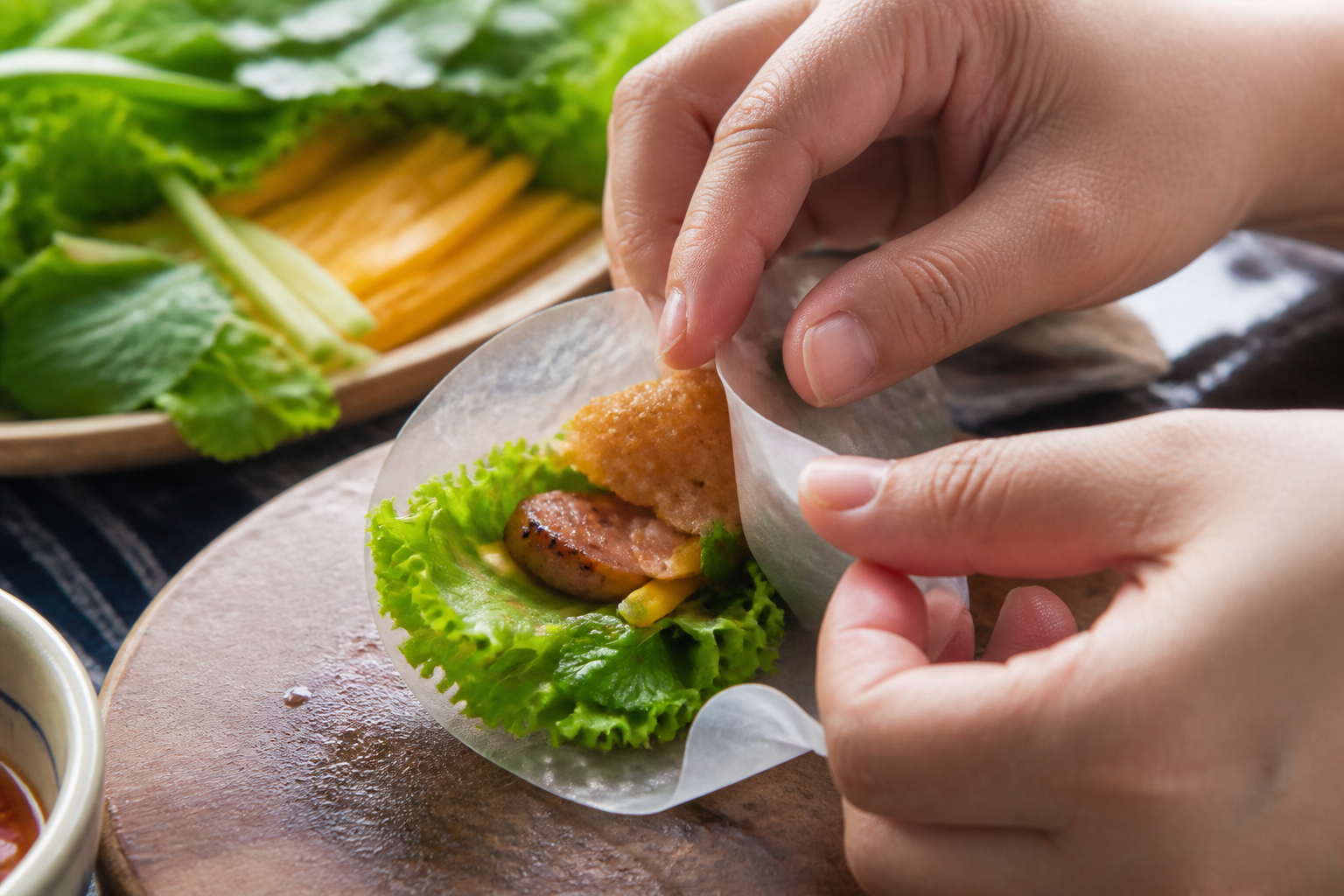 Hands tucking the edge of a softened rice paper sheet around grilled pork, herbs and mango to make a nem nướng roll