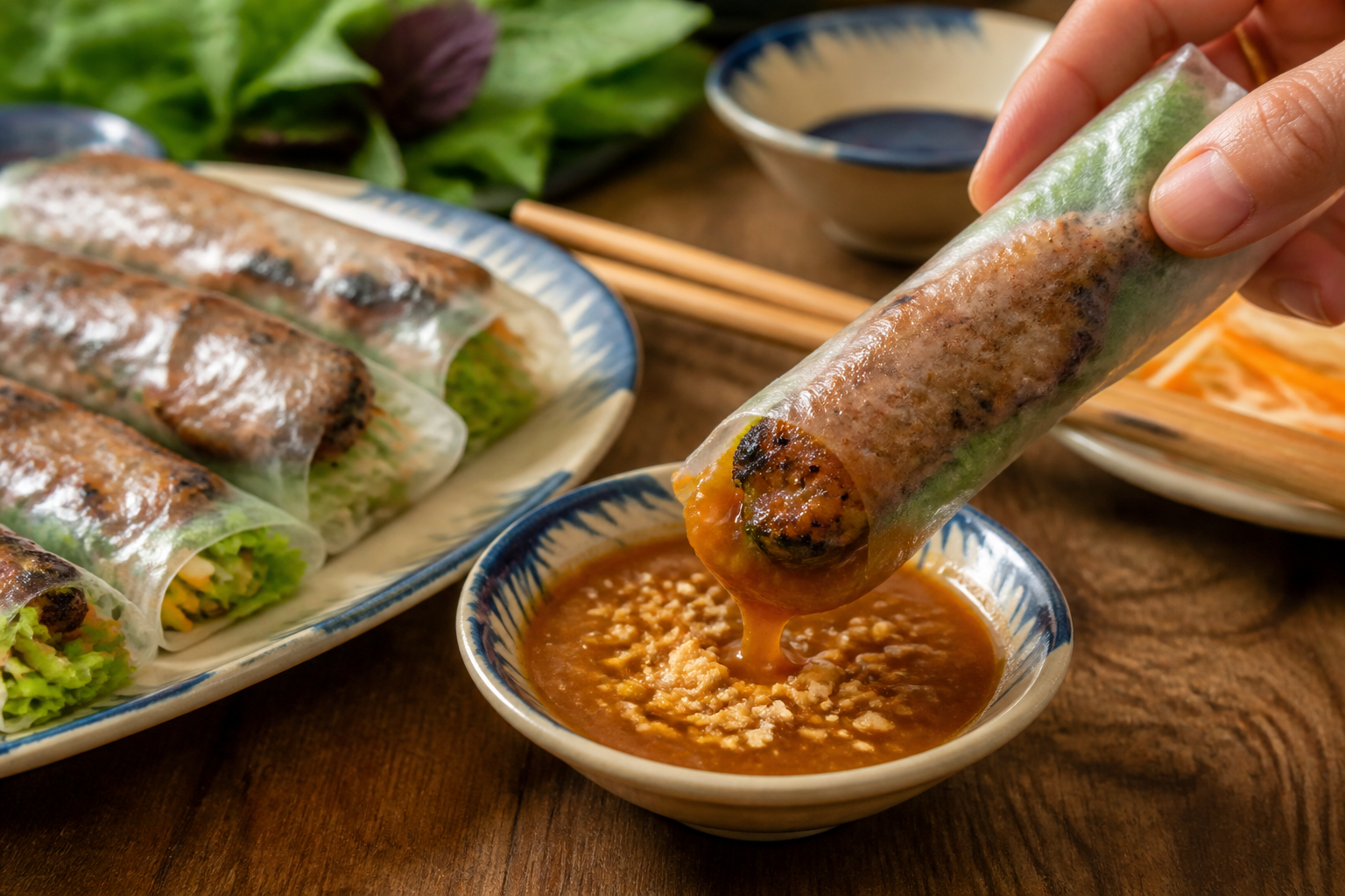 A nem nướng roll being dipped into a thick orange-brown peanut sauce in a small bowl