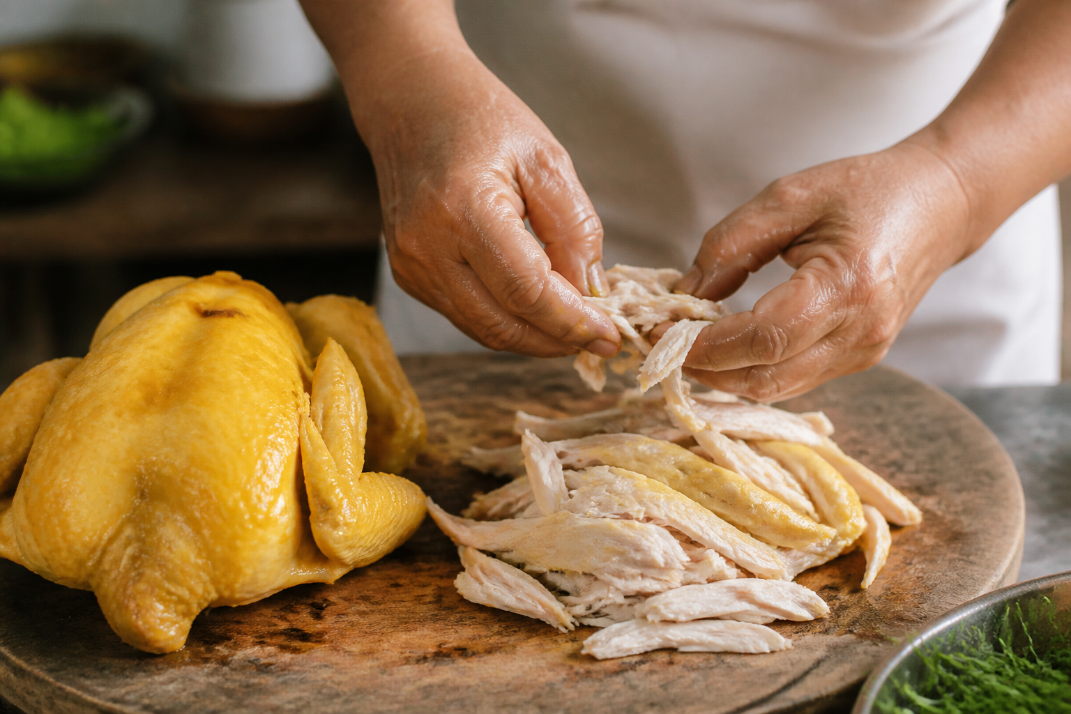 Hands tearing poached free-range chicken into strips beside a whole poached chicken