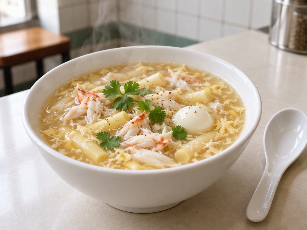 Vietnamese crab and asparagus soup with egg ribbons and a quail egg