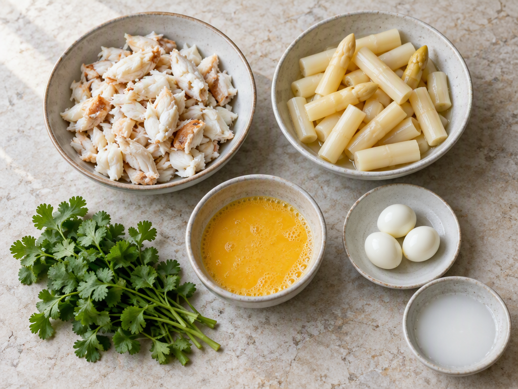Picked crab meat, white asparagus pieces, beaten egg, quail eggs and starch slurry