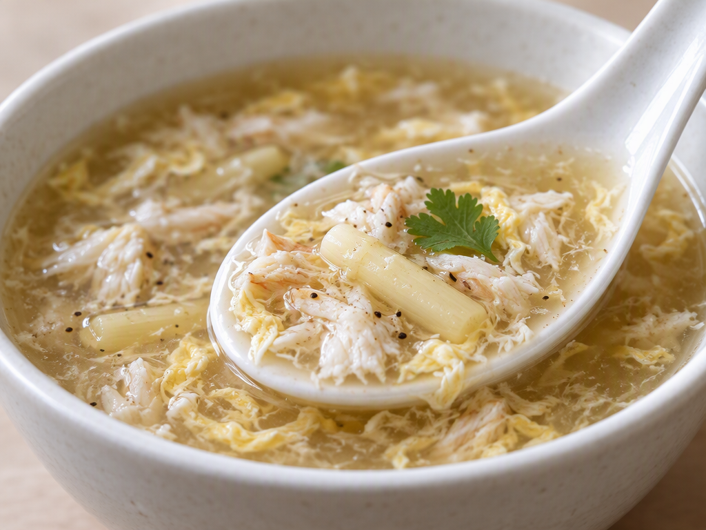 Spoonful of crab and white asparagus soup showing fine egg ribbons in glossy broth