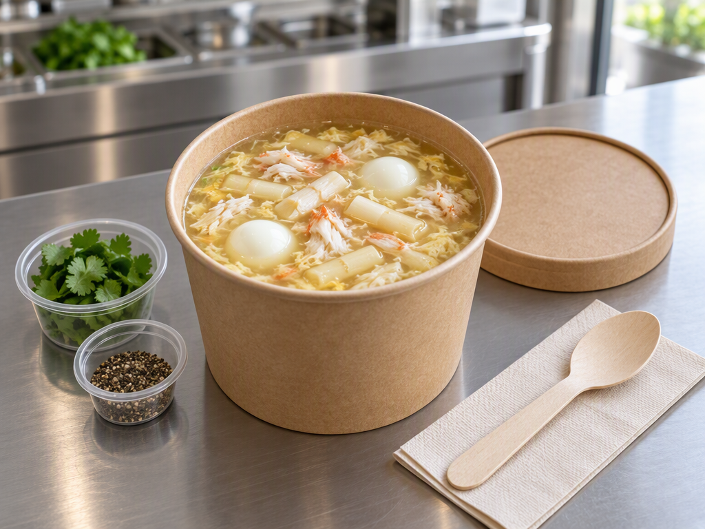 Crab and asparagus soup in a takeaway container with herbs and pepper packed separately